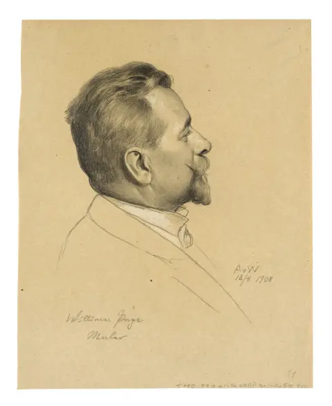 Anton von Werner – Dessin avec portrait de l'artiste William Pape (1859-1920)