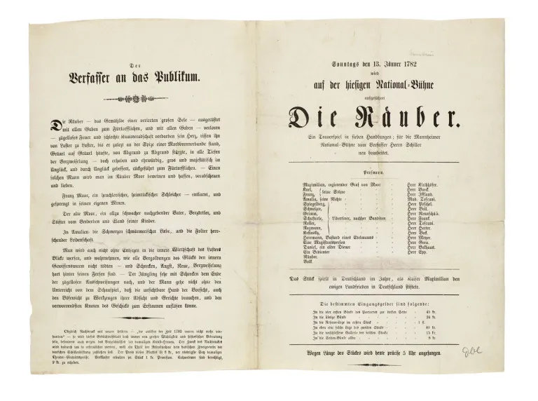 Theateraffiche voor de première van het toneelstuk "De rovers" van Friedrich Schiller in Mannheim, 13 januari 1782