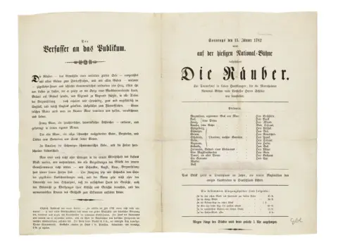 Affiche théâtrale pour la première de la pièce "Les Brigands" de Friedrich Schiller à Mannheim, 13 janvier 1782