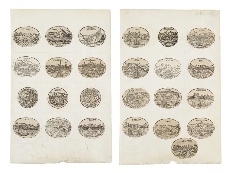 Collection de 25 vignettes topographiques gravées sur bois en médaillons ovales