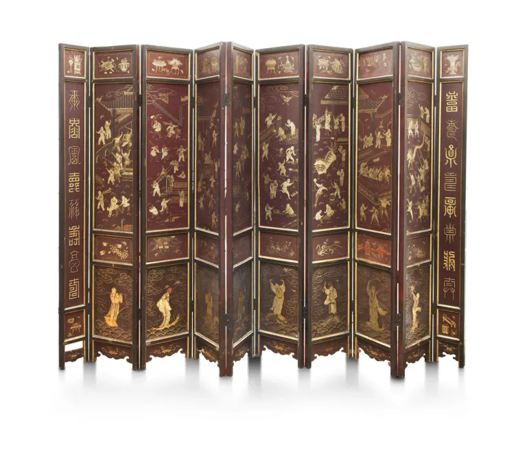 Zehnteiliger Koromandel-Lackparavent, China, Provinz Fujian oder Guangdong, Qing-Dynastie, Kangxi-Periode, um 1800/1850