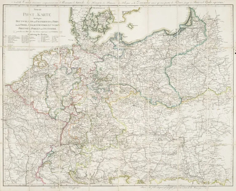 Neueste Post-Karte durch ganz Deutschland und Frankreich bis Paris, durch Ober-Italien, Oestreich, Ungarn, Preussen, Pohlen und Daenemark