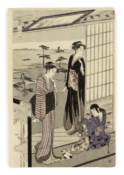 Hosoda Eishi – Genji en exil à Suma, feuille gauche d'un triptyque oban de la série « Furyu yatsushi Genji ». Japon, Edo (1603-1868),…