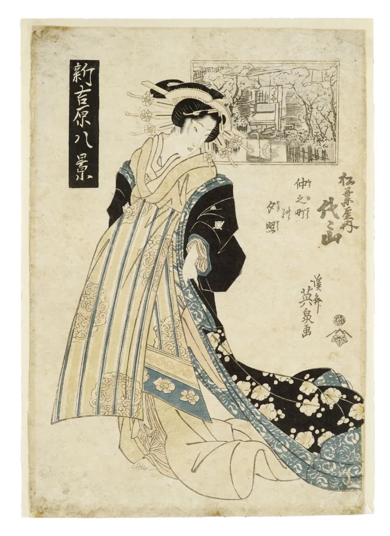 Keisai Eisen – Iltarusko Naka-no-chossa: Kurtisaani Yokoyama Matsubayan talosta (Naka-no-cho sekisho, Matsubaya uchi Yoyoyama)