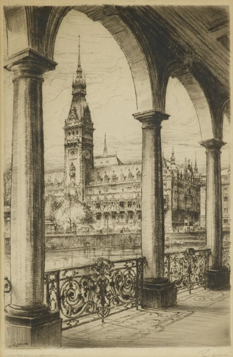 Collection de 5 eaux-fortes signées avec vues de Hambourg