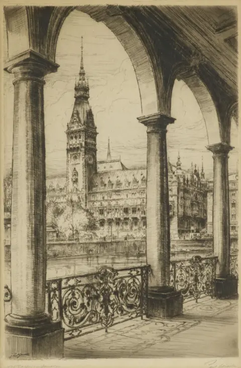 Collection de 5 eaux-fortes signées avec vues de Hambourg
