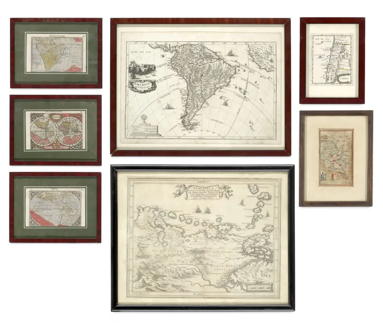 Barent Langenes – Collectie van 3 ingekleurde kopergravures: Den Cloot der Aerden (van J. Hondius) - America (Noord- en Zuid-Amerika) - America…
