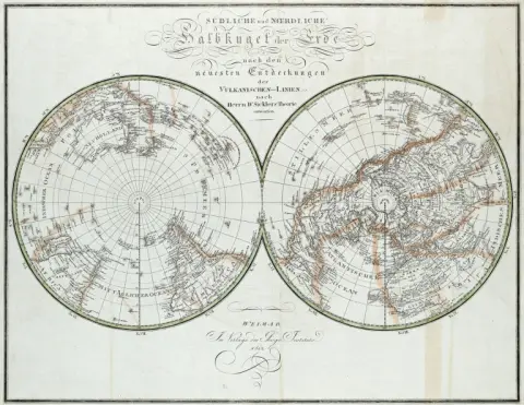 D. Sickler – Hémisphère sud et nord de la Terre selon les dernières découvertes des lignes volcaniques