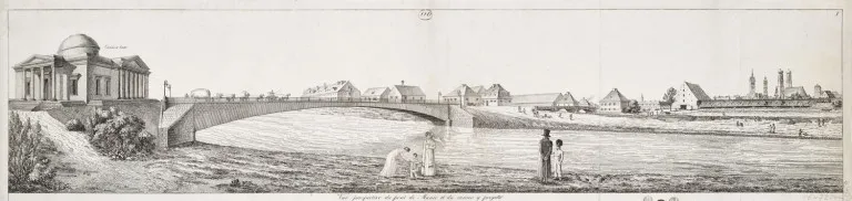 Vue perspective du pont de Munic et du casino y projetté