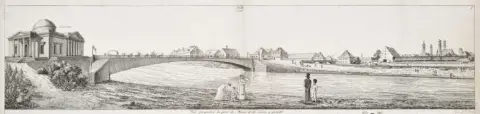 Vue perspective du pont de Munic et du casino y projetté