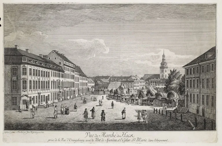 Jean Rosenberg – Vue du Marché de Hack prise de la Rue d'Orangebourg, avec le Pont de Spandau et l'Église St. Marie dans éloignement