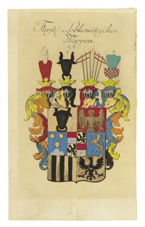 Collectie van 33 afbeeldingen van heersersportretten en wapens