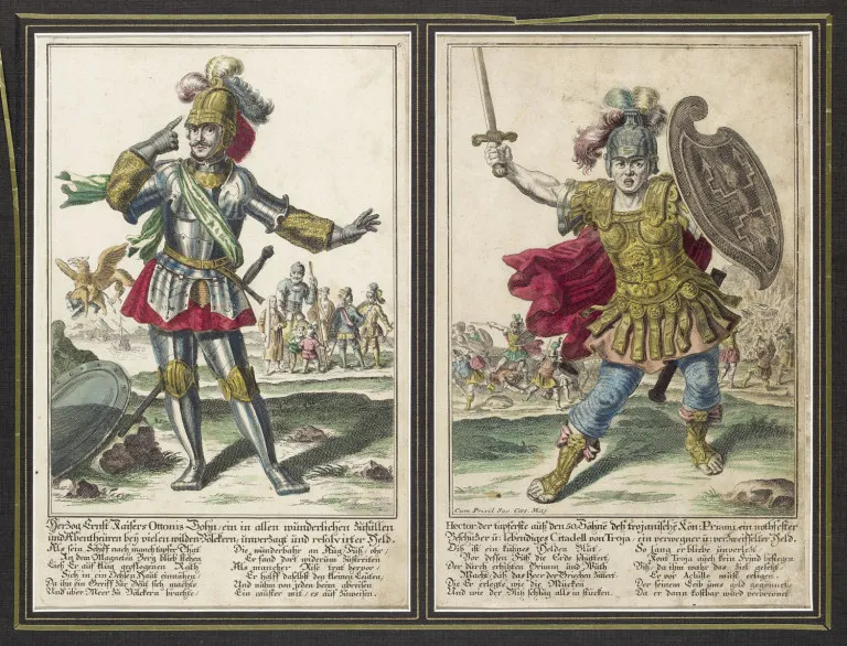 18e eeuw Duits – 8 gravures met heldenafbeeldingen. Elk oud-ingekleurd kopergravure op geschept papier