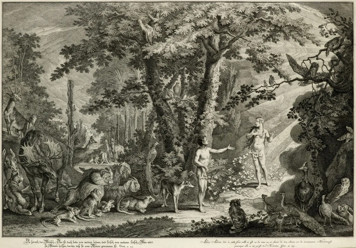 Johann Elias Ridinger – 3 vyobrazení z "Das Paradies oder die Schöpfung und der Sündenfall des ersten Menschenpaares". Německo,…