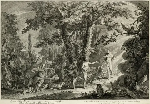 Johann Elias Ridinger – 3 vyobrazení z "Das Paradies oder die Schöpfung und der Sündenfall des ersten Menschenpaares". Německo,…