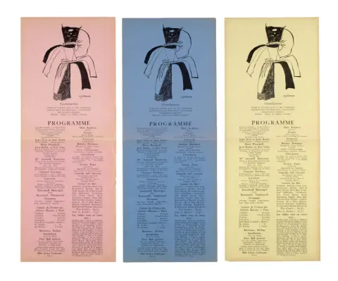 Bal Olympique (collectie van 3 grootformaat programmabladen in geel, roze en blauw)