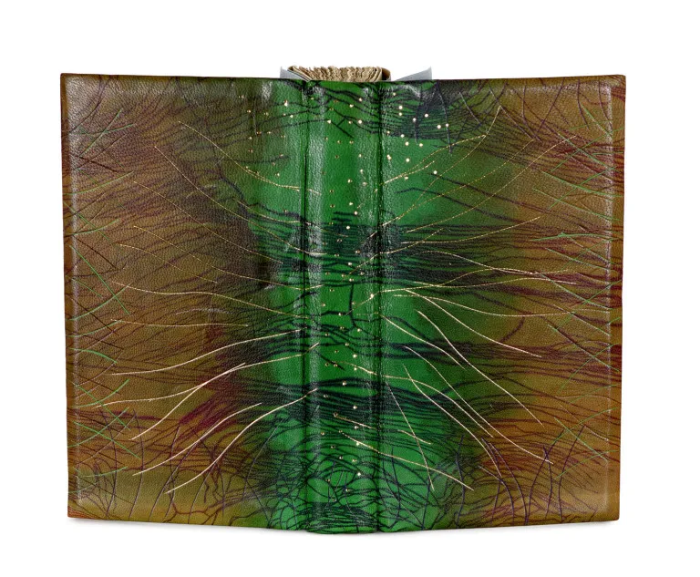 Magnificent contemporary craquelé binding in paste-resist technique in bright iridescent green-black and brown and …