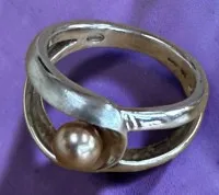 Silberring "Fossil" -925- mit Gold-Perle, RG 59, 7 gr.