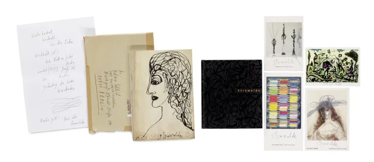 Strawalde (d. i. Jürgen Böttcher) – Sammlung von 2 Ausstellungkatalogen mit Widmung u. Zeichnung, 3 sign