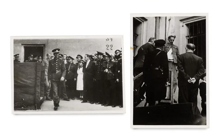 Dvě černobílé fotografie popravy Karla Hermanna Franka v roce 1946