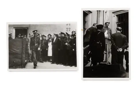 Dvě černobílé fotografie popravy Karla Hermanna Franka v roce 1946