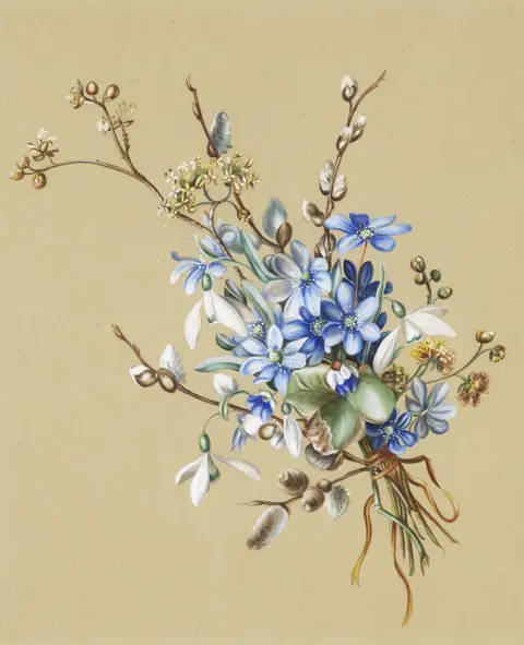 Bouquet printanier avec hépatiques, perce-neige, chatons de saule et cornouiller mâle