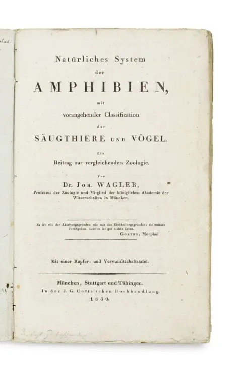 Johann Georg Wagler – Natuurlijk systeem der amfibieën, met voorafgaande classificatie van zoogdieren en vogels