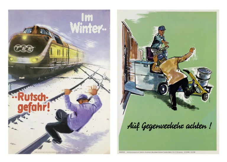 Sbírka 38 plakátů prevence úrazů Deutsche Bundesbahn