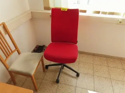 2 office swivel chairs, 1 x red fabric, 1 x grey/green fabric