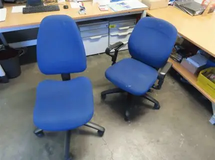 4 office swivel chairs, 3 x blue fabric, 1 x black faux leather, worn