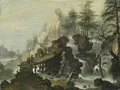 Simon Joseph von Bemmel (zugeschr. / Malerfamilie Bemmel), Gebirgslandschaft mit Wasserfall und hölzernem Steig. Um 1780/1790.