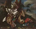 Philipp Ferdinand de Hamilton (zugeschr. oder in der Art von), Jagdstillleben mit Schnepfe, Eichelhäher, Blaumeise und Dompfaff. Frühes 18. Jh.