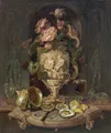 Hermann Wilhelm Cellarius, Stillleben mit figürlicher Vase, Gläsern und Muscheln. Nach 1840.