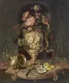 Hermann Wilhelm Cellarius, Still life with figurative vase, glasses and shells. After 1840.