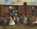 Adolf Dressler "Jeńcy austriaccy na dworcu Freiburger we Wrocławiu 1866". Po 1866.