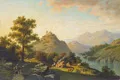 A. von Taiery (?), Evening mountain landscape with river and peasants. 1862.