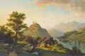 A. von Taiery (?), Evening mountain landscape with river and peasants. 1862.