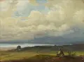 August Richard Zimmermann, Resting wanderer on the shore of Lake Chiemsee. Probably circa 1870.