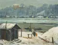 Walther Meinig, View of the Niederspaar ferry near Meißen with Siebeneichen Castle in the background. 1947.