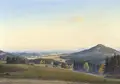 Willy Müller-Lückendorf "An Early Autumn Afternoon" (Sudeten view of Sokol and Roll, with Petrovice and Lemberk Castle in the valley). 1967.