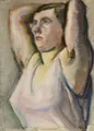 Curt Querner, Siedząca kobieta w różowej koszuli, ramiona skrzyżowane za głową. 1957.