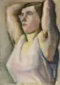 Curt Querner, Seated woman in pink shirt, arms crossed behind head. 1957.