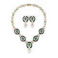 Opulent Lavallière gold necklace and ear clips with emerald cabochons, onyx and diamonds.