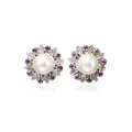 Pair of flower stud earrings with pearl and rubellites.