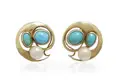 Pair of gold earrings with turquoises and a pearl.