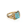 Yellow gold ring in baroque style with turquoise pavé and seed pearls. Probably late 19th century.