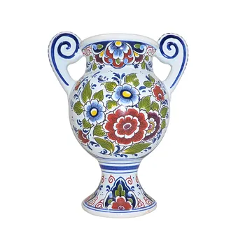 HANDLE VASE, DELFT, POLYCHROME FLORAL PAINTING, MODEL 390.