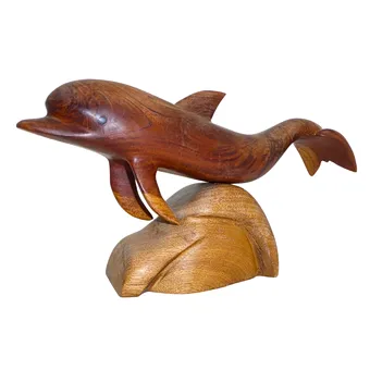 Sculptuur, dolfijn op een golf, hardhout.
