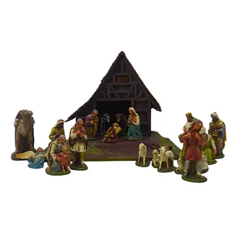 Wooden Christmas nativity scene with nativity figure set.