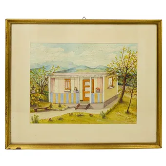 Akwarela, widok domu z sentencją, datowana 1961.